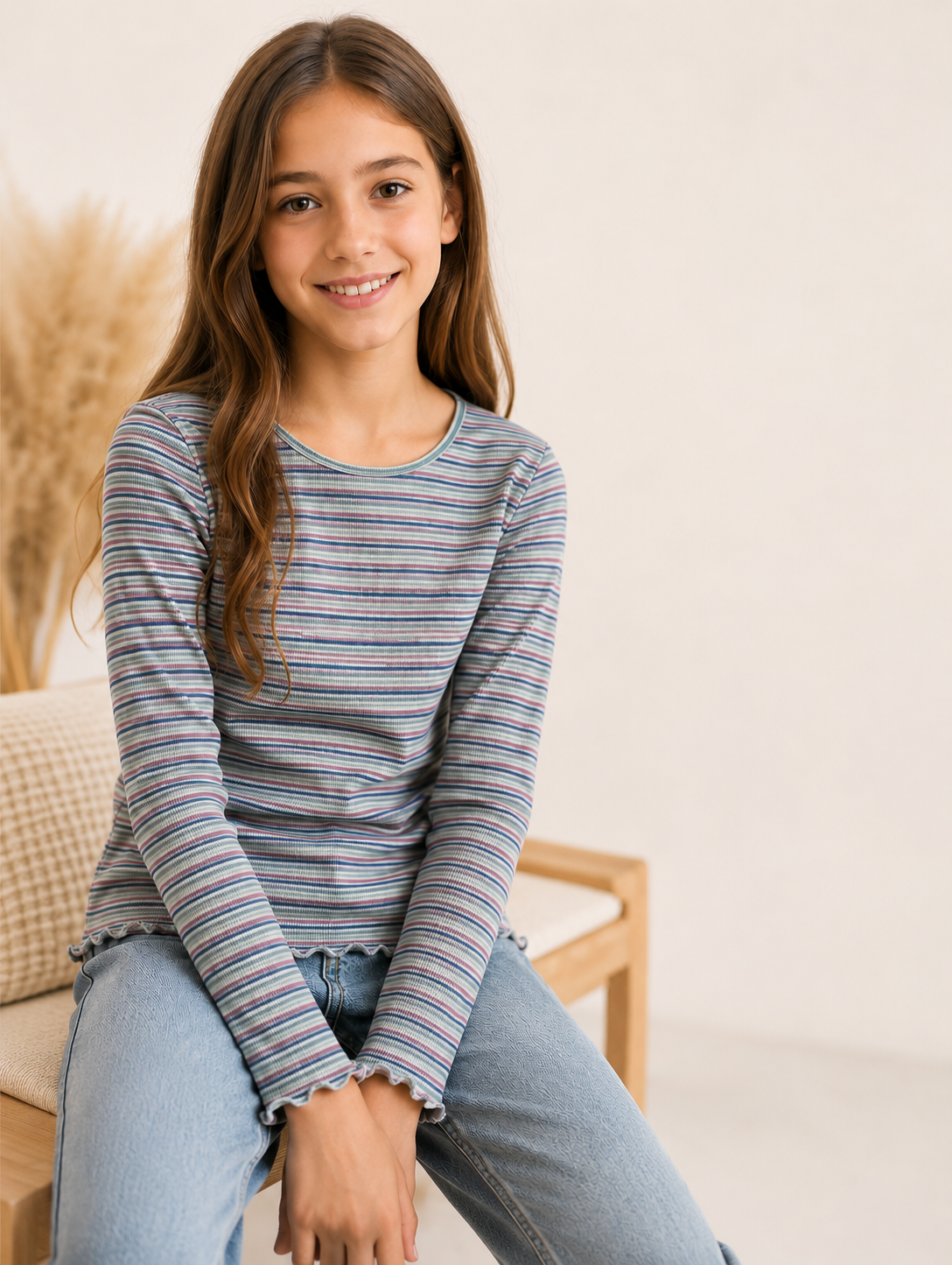 Pocopiano Mädchen Langarmshirt Größe 152 bunt gestreift Rippstoff mit Wellenabschluss vorne