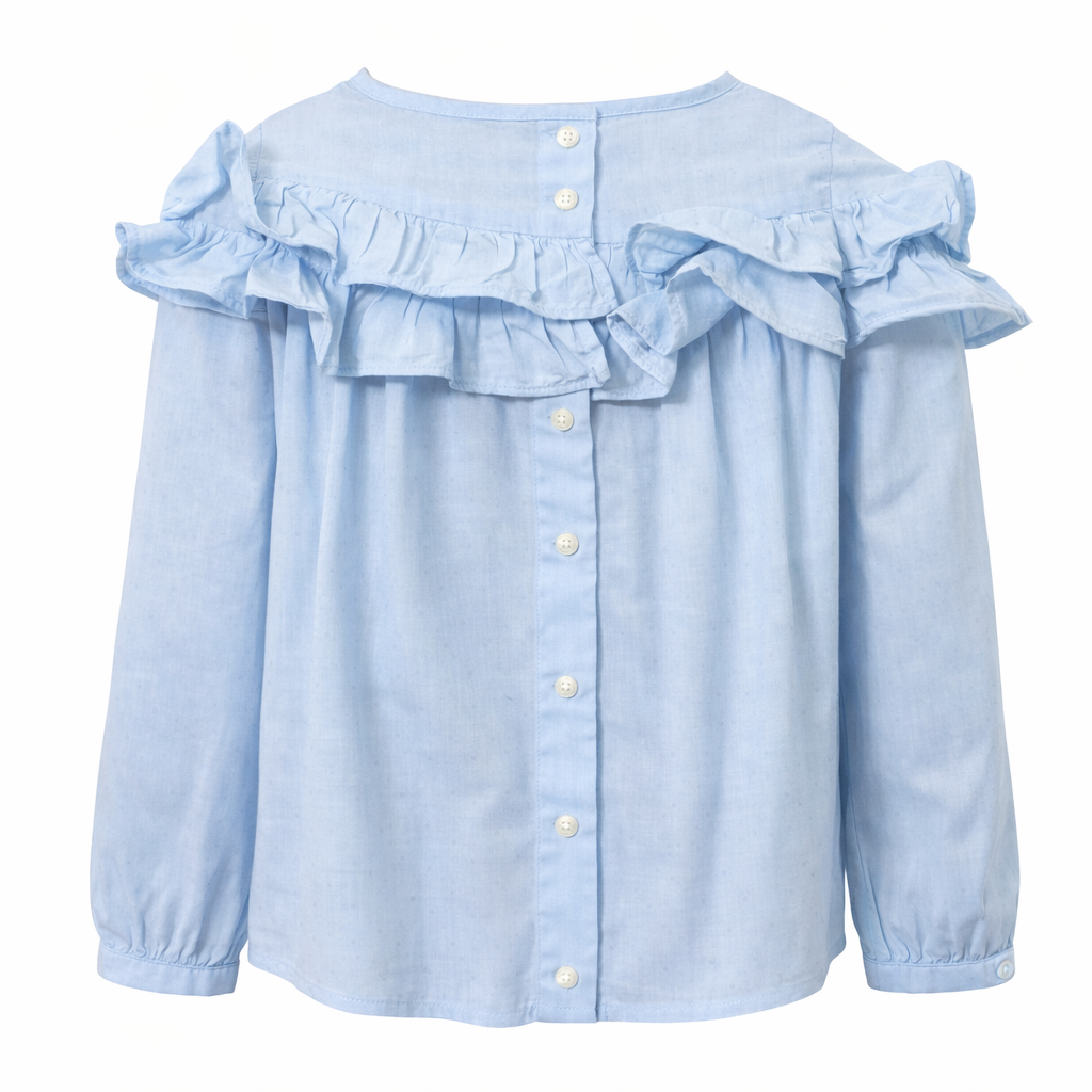 hellblaue Polo Ralph Lauren Bluse mit Rüschen und langen Ärmeln in Größe 104. Neuwertige Kinderbluse in elegantem Stil Rückansicht