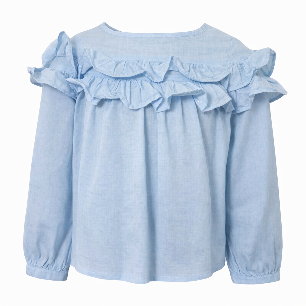 hellblaue Polo Ralph Lauren Bluse mit Rüschen und langen Ärmeln in Größe 104. Neuwertige Kinderbluse in elegantem Stil Vorderansicht