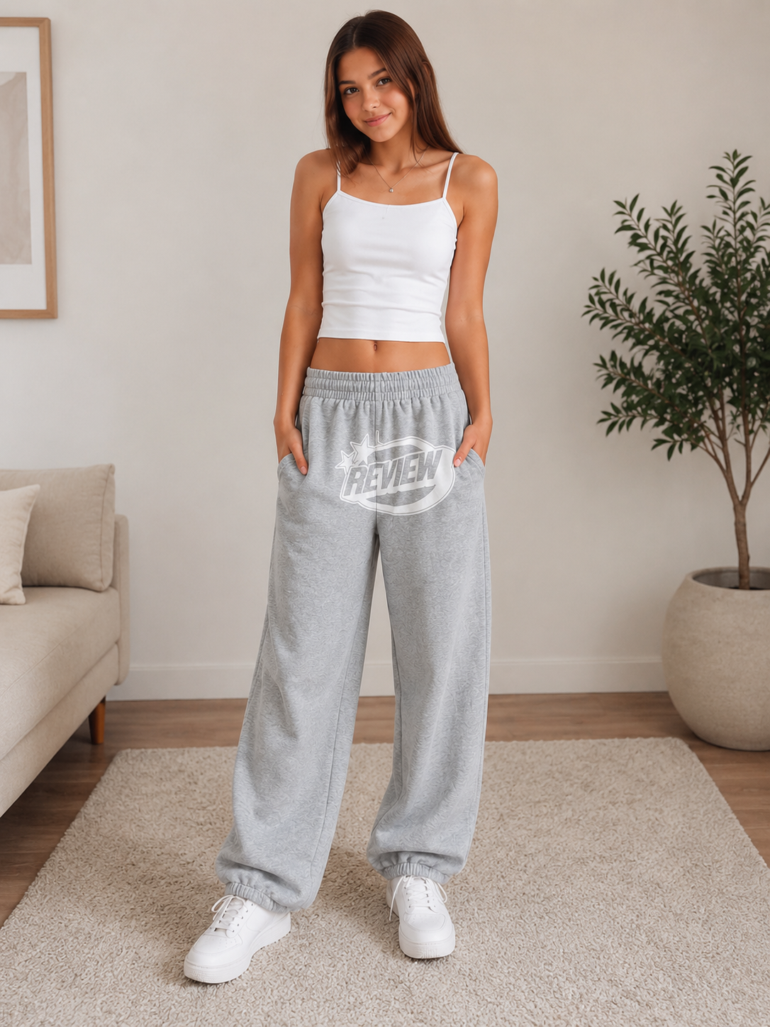 Graue REVIEW Jogginghose in Größe XS mit Logo-Print auf der Vorderseite – Second Hand