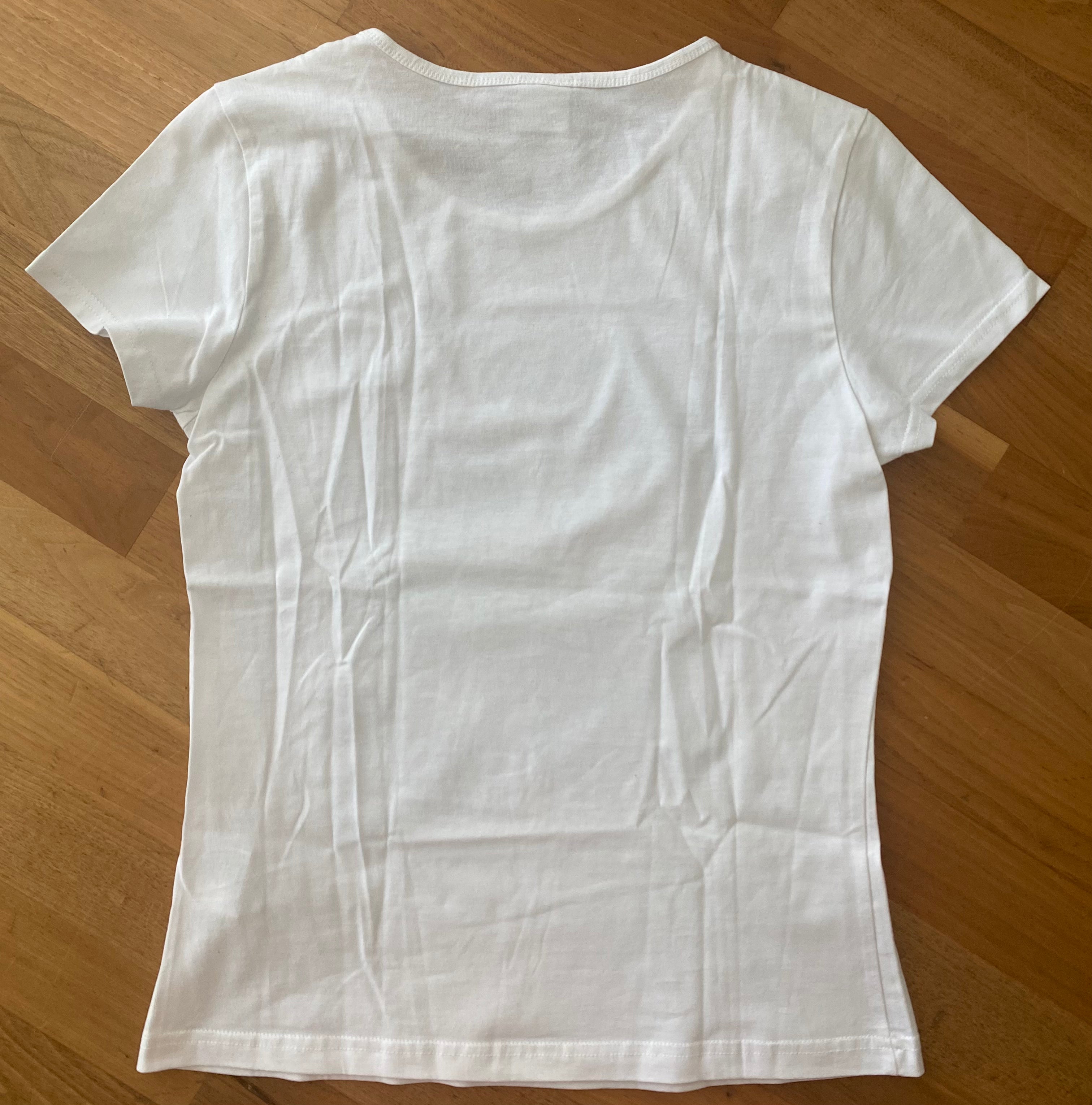 Weißes S. Oliver Mädchen-Shirt in Größe 164 mit grauem und türkisem Schriftprint Rückseite