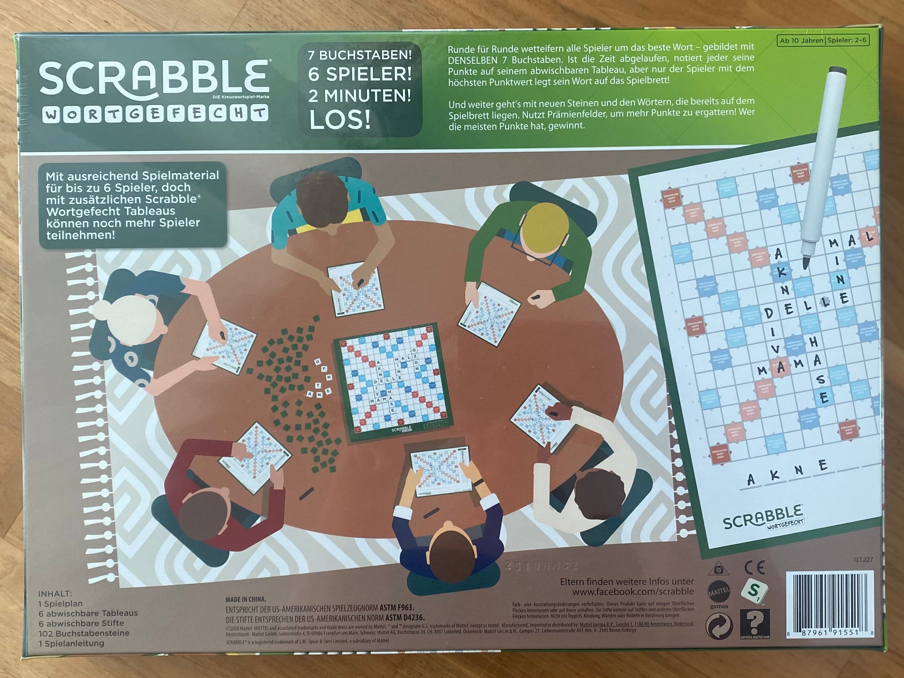 Scrabble Wortgefecht Brettspiel Rückseite Verpackung mit Spielbeschreibung und Inhaltangabe