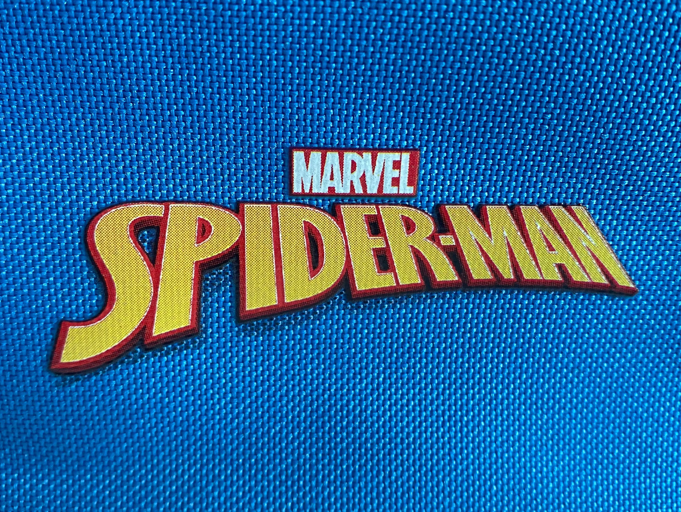 Detailaufnahme des Marvel Spider-Man Logos auf dem blauen Federmäppchen