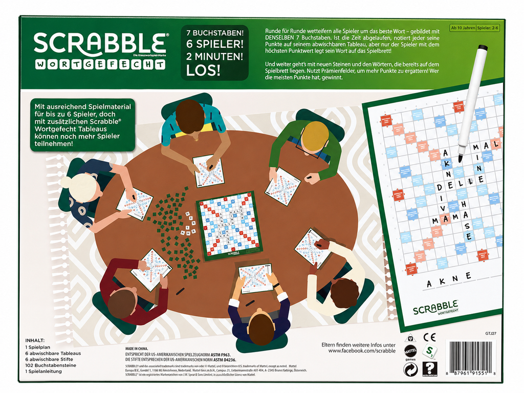 Scrabble Wortgefecht Brettspiel von Mattel  Rückseite