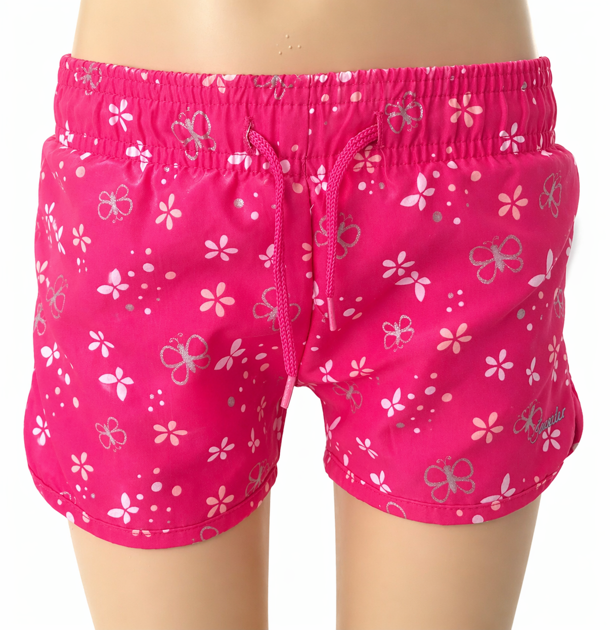 Sterntaler Mädchen Badehose pink mit Blumen und Schmetterling Motiv vorne elastischer Bund mit Kordel