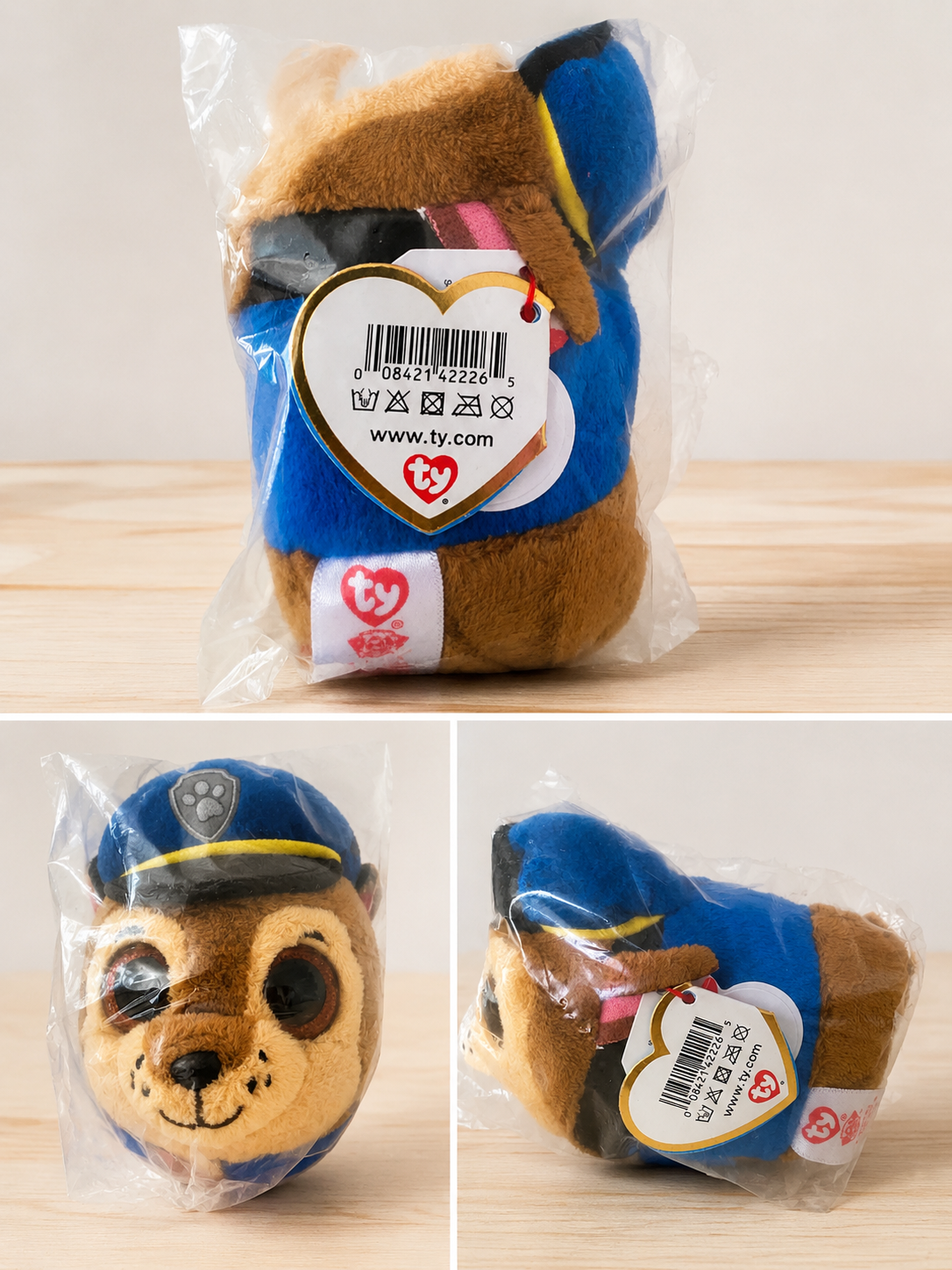Original TY Paw Patrol Chase Kuscheltier in blauer Polizeiuniform mit großen Glitzeraugen, neu und originalverpackt.