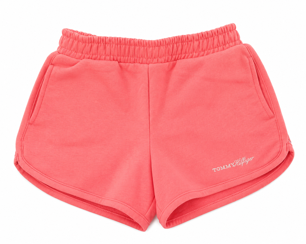 Tommy Hilfiger Sweatshorts für Mädchen in Koralle, Größe 116, mit elastischem Bund und Logo am Bein Vorderseite