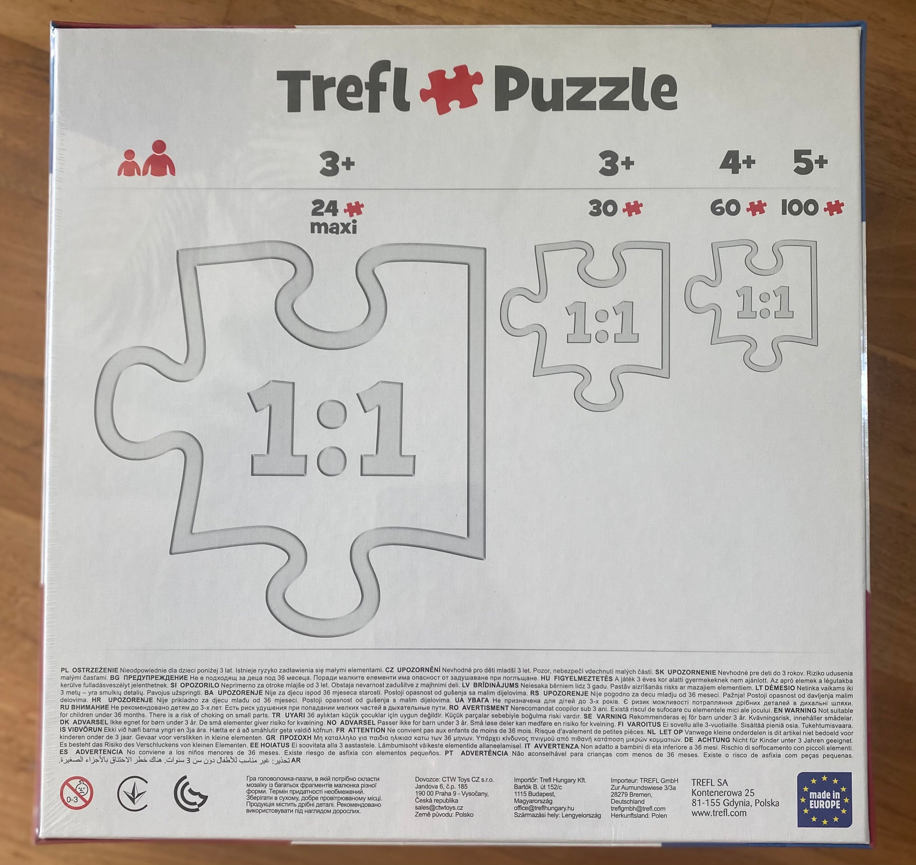 Rückseite des Trefl Paw Patrol Puzzles mit Alters- und Teileübersicht für Kinderpuzzles