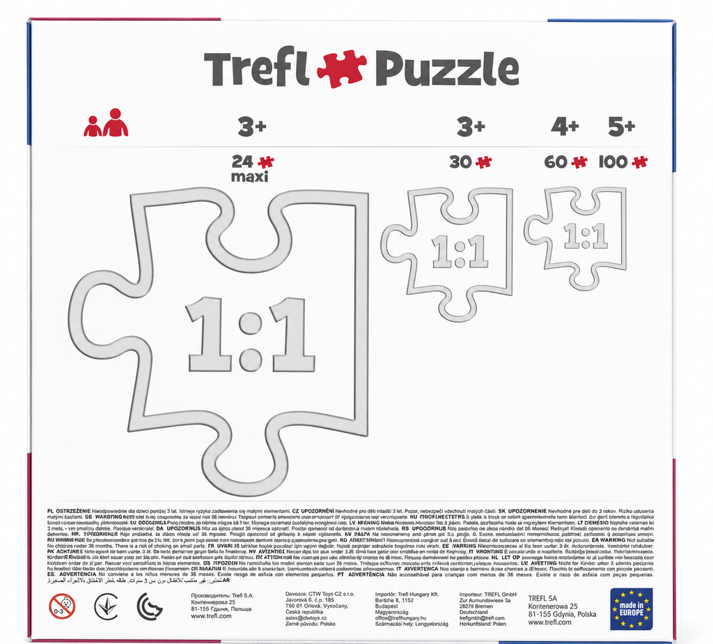 Rückseite des Trefl Paw Patrol Puzzles mit Alters- und Teileübersicht für Kinderpuzzles