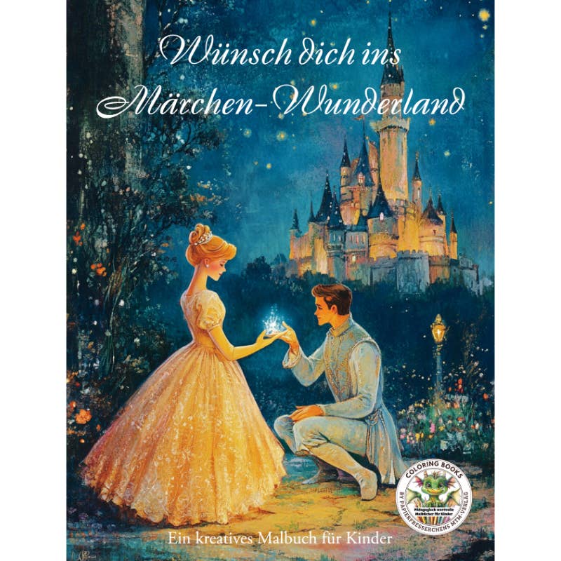 Malbuch „Wünsch dich ins Märchen-Wunderland“ für Kinder mit märchenhafter Prinzessin und Prinz vor einem Schloss