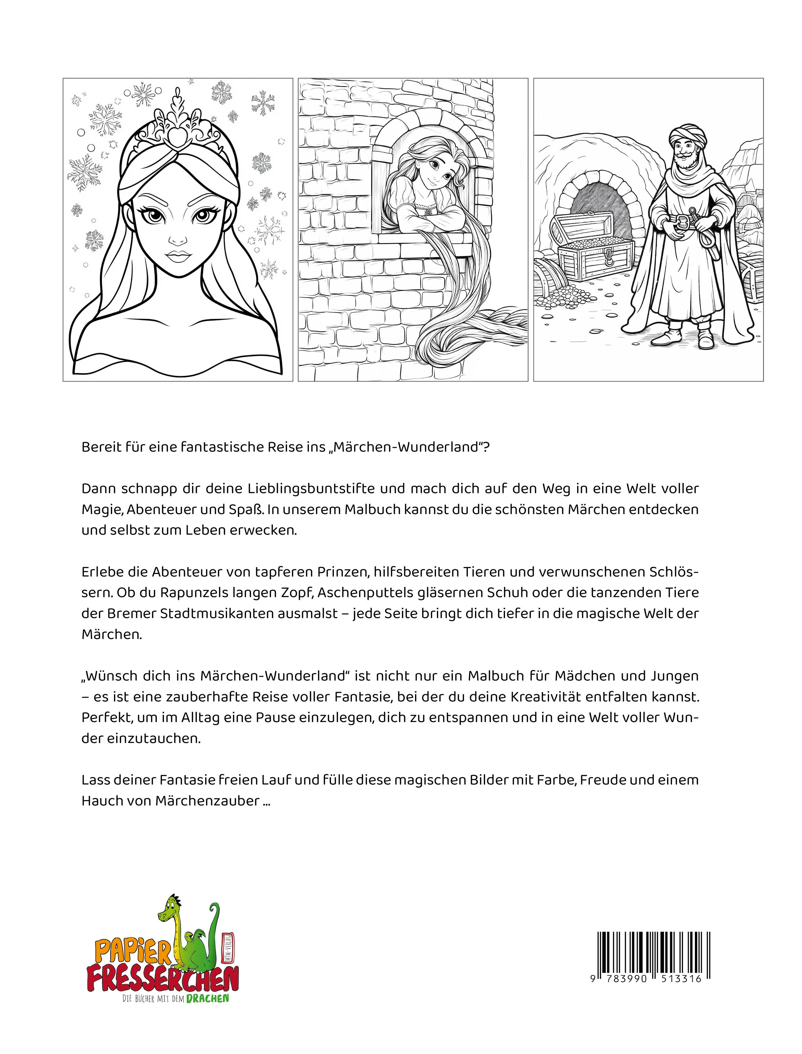 Rückseite des Malbuchs „Wünsch dich ins Märchen-Wunderland“ mit Ausmalbildern von Prinzessin, Rapunzel und Märchenfiguren