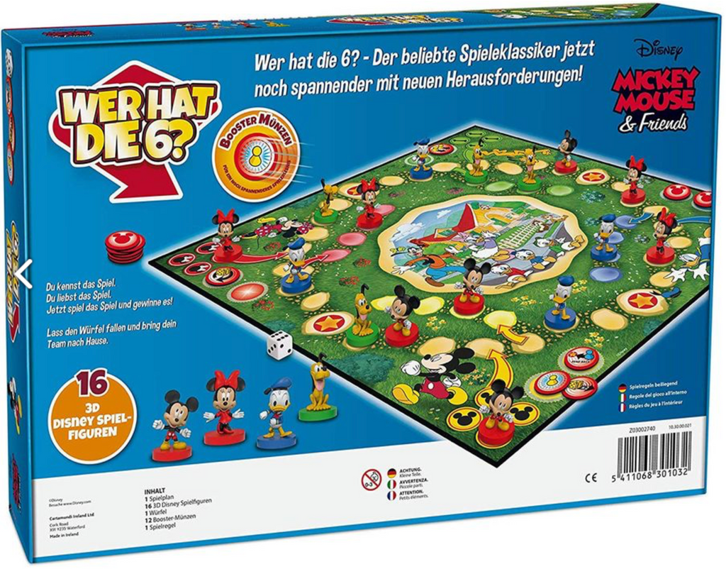 Rückseite des Disney Wer hat die 6 Brettspiels mit Spielplan und 16 3D-Spielfiguren