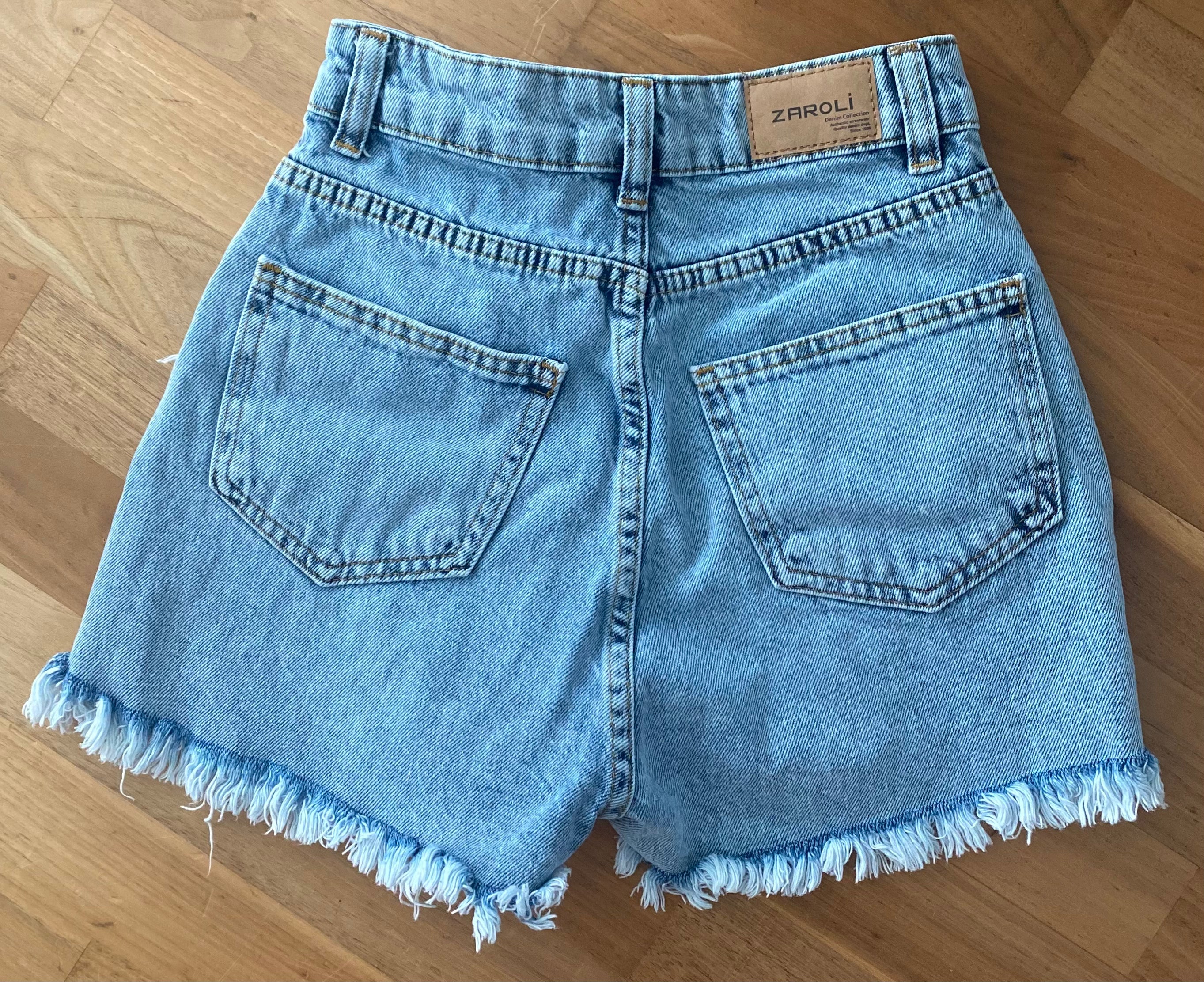 Hellblaue ZARA Damen Jeansshorts mit Destroyed-Look, Fransensaum und High-Waist-Schnitt, Rückansicht.