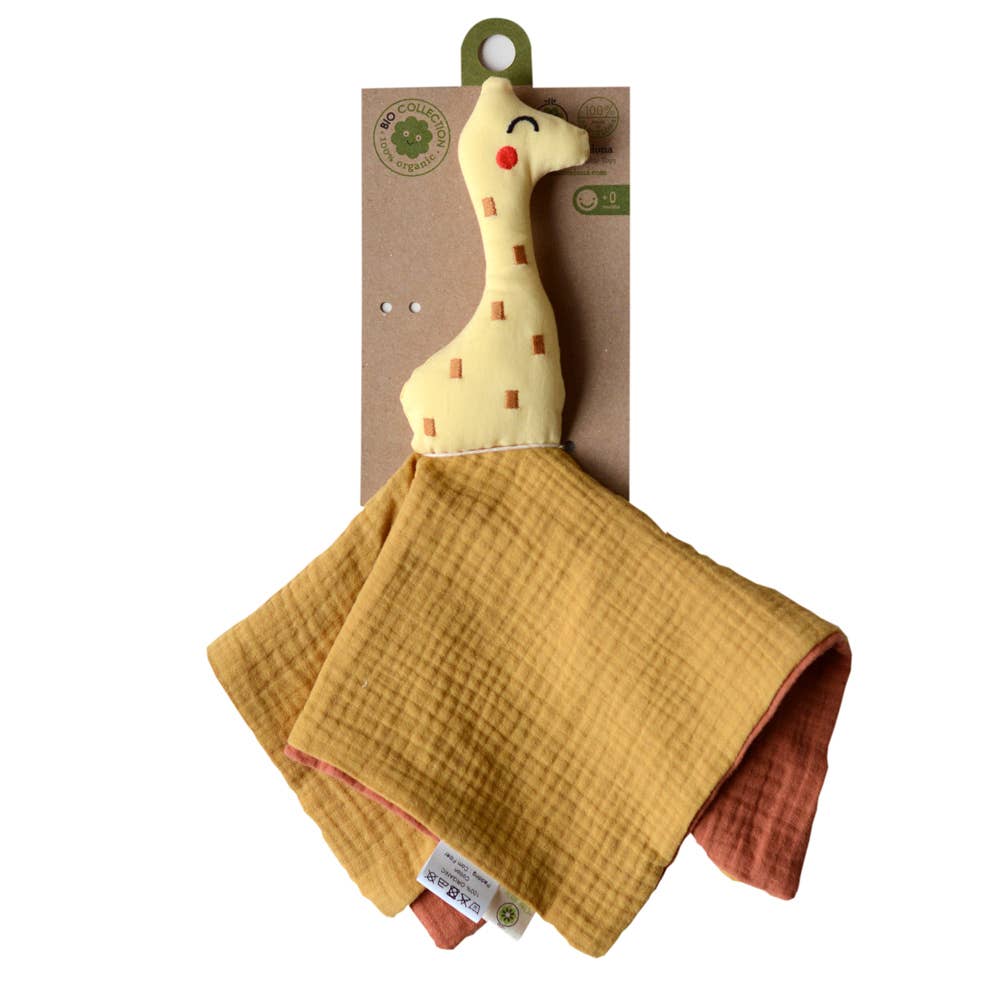 Baby Schmusetuch Giraffe mit Etikett aus Bio Kollektion – Geschenkidee für Neugeborene