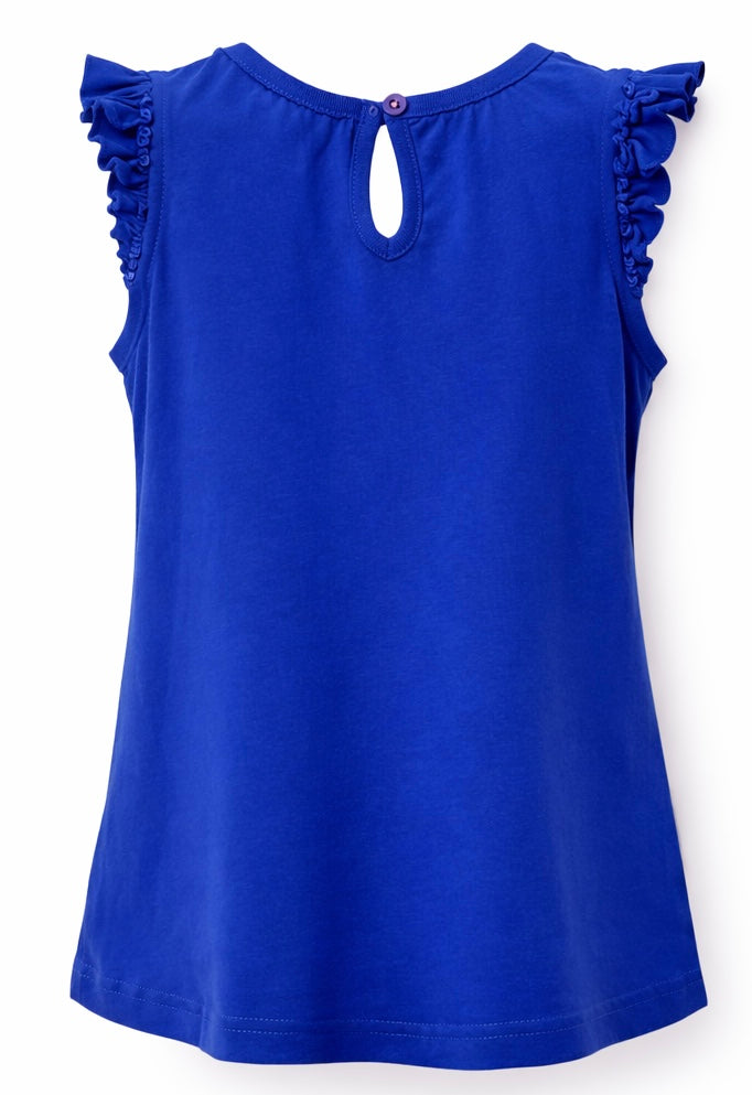 BODEN Mädchen Top royalblau mit Rüschen Gr. 110 Rückansicht mit Knopfverschluss 