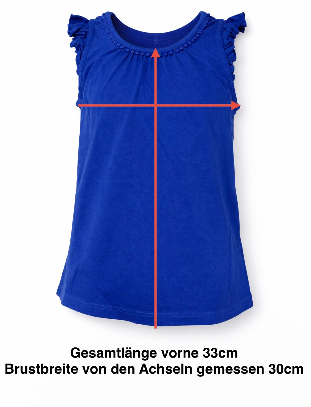 BODEN Mädchen Top royalblau Größe 110 Vorderansicht mit Maßangaben 33 cm Länge 30 cm Brustbreite