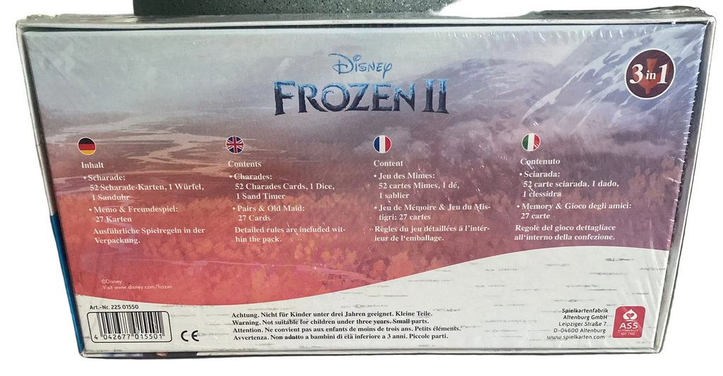 Disney FROZEN II Game Box 3 in 1 – Rückseite mit Spielinhalt und Produktinformationen
