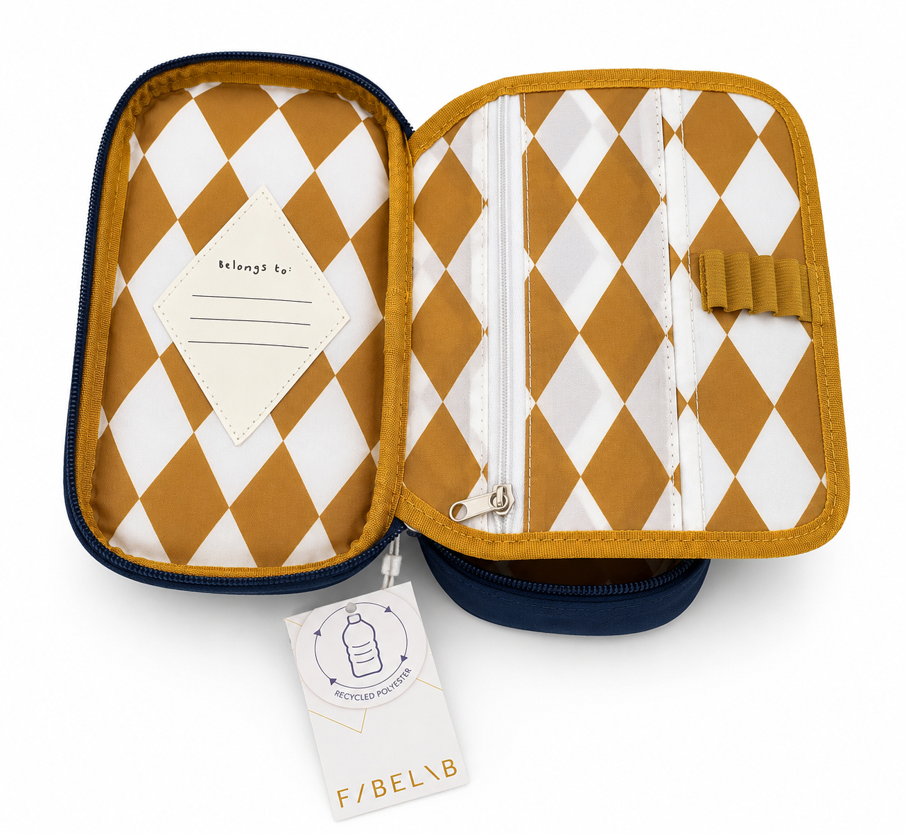 Fabelab Federmäppchen in Navy mit praktischer Ausklappfunktion. Nachhaltiges Schulmäppchen für Kinder mit Reißverschluss und Namensfeld. Innenleben mit Namensschild
