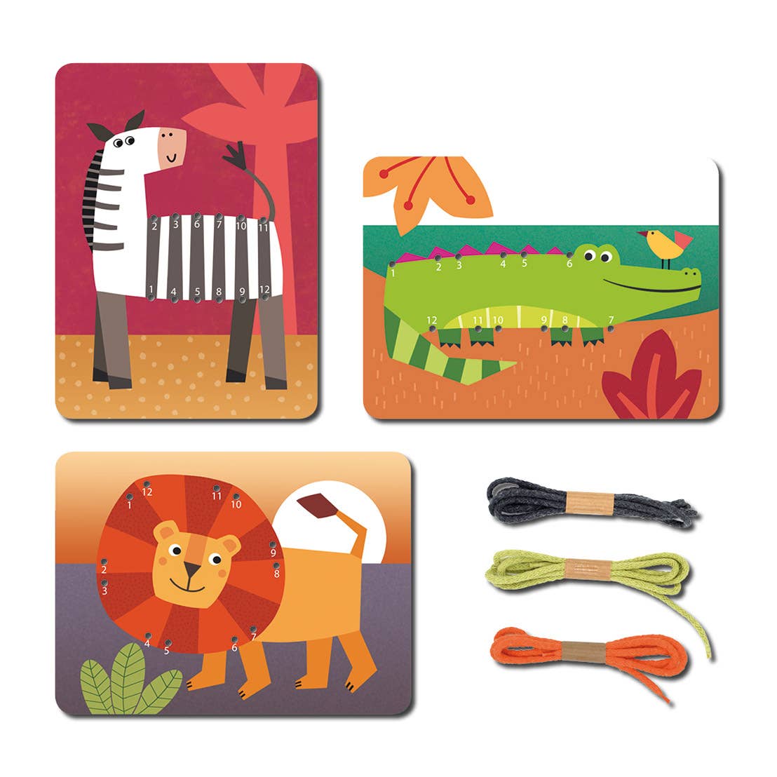 Fädelspiel Set mit Löwe, Zebra und Krokodil Karten sowie bunten Schnüren – Lernspiel für Kinder