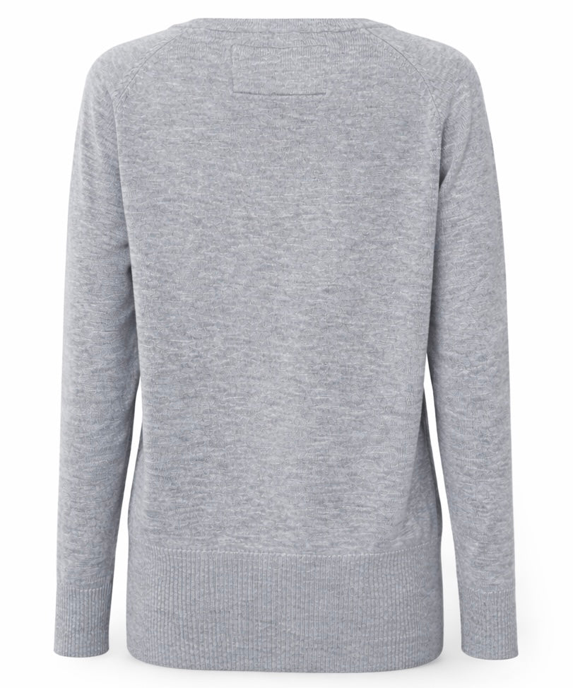 Rückansicht grauer Damen Pullover XS Jonas Nielsen Stockholm Feinstrick mit breitem Bündchen