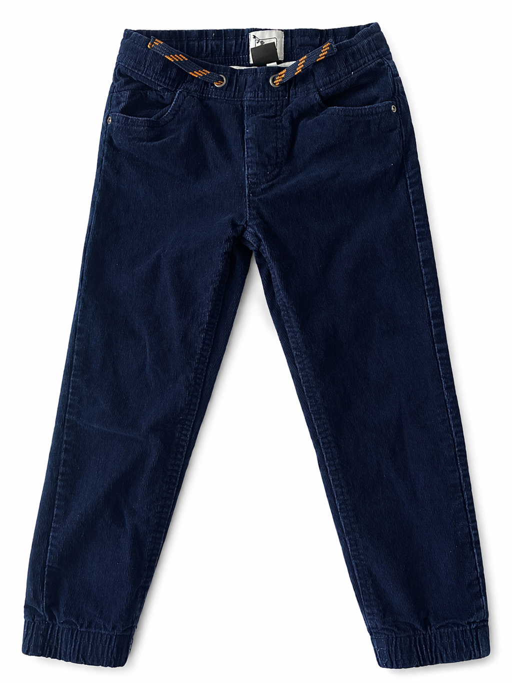 Kinder Cordhose dunkelblau mit elastischem Bund und Kordelzug im Jogger-Style, Frontansicht auf weißem Hintergrund