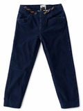 Kinder Cordhose dunkelblau mit elastischem Bund und Kordelzug im Jogger-Style, Frontansicht auf weißem Hintergrund