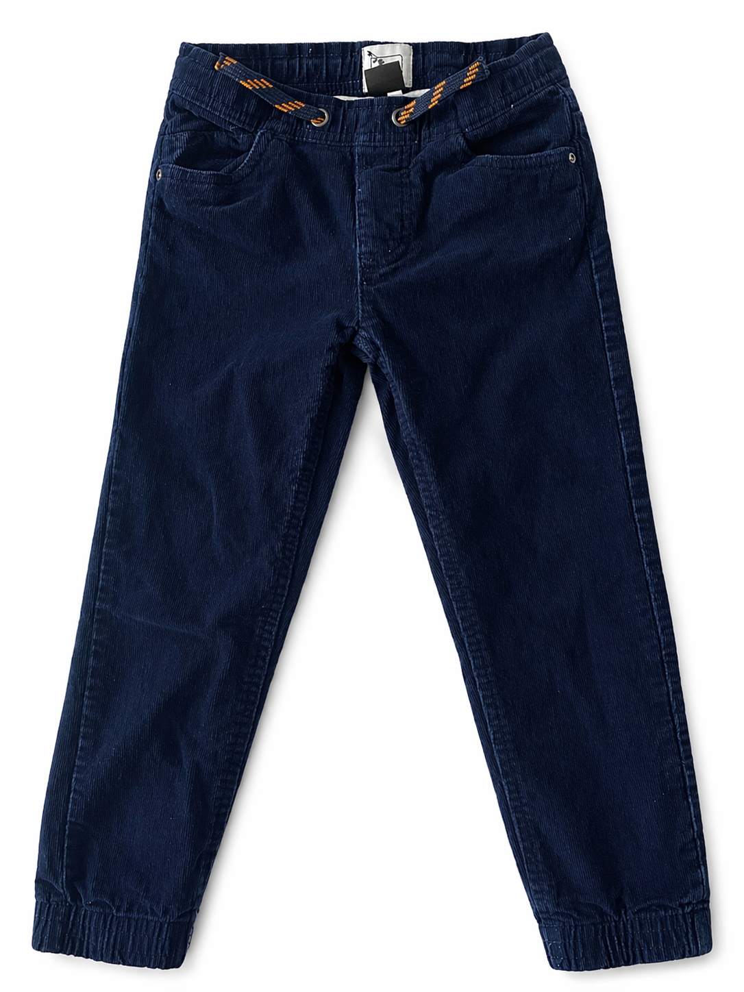 Kinder Cordhose dunkelblau mit elastischem Bund und Kordelzug im Jogger-Style, Frontansicht auf weißem Hintergrund