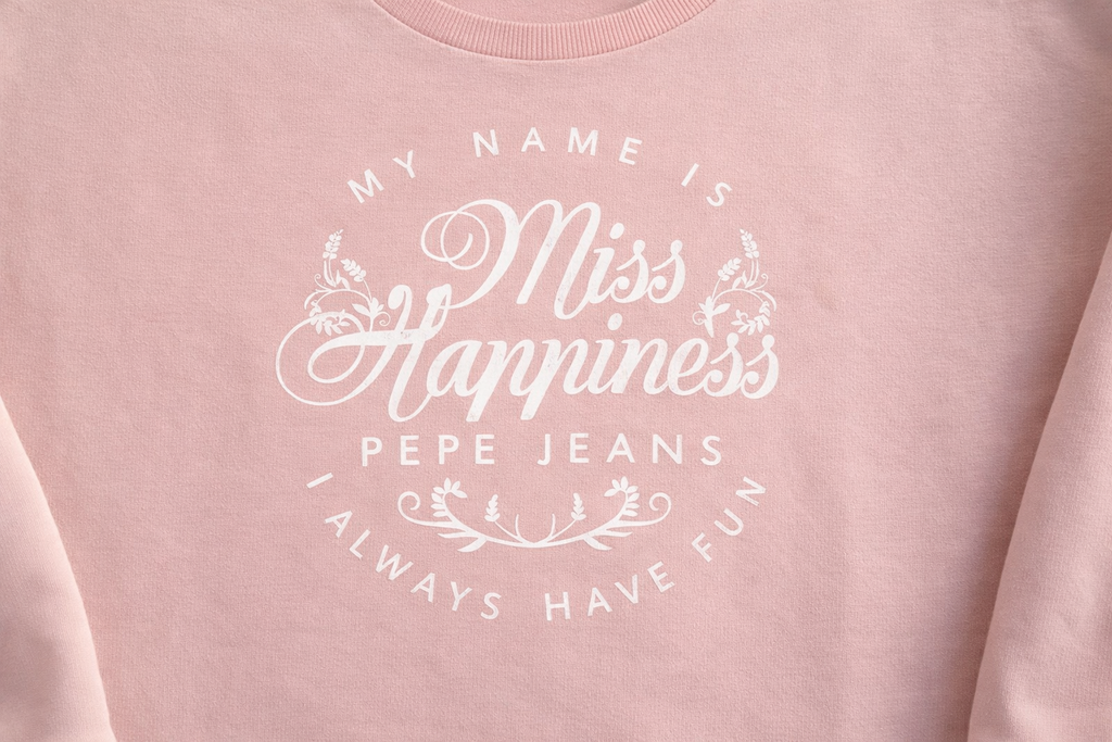 Detail Miss Happiness Print auf rosa Pepe Jeans Sweatshirt – hochwertiger Aufdruck