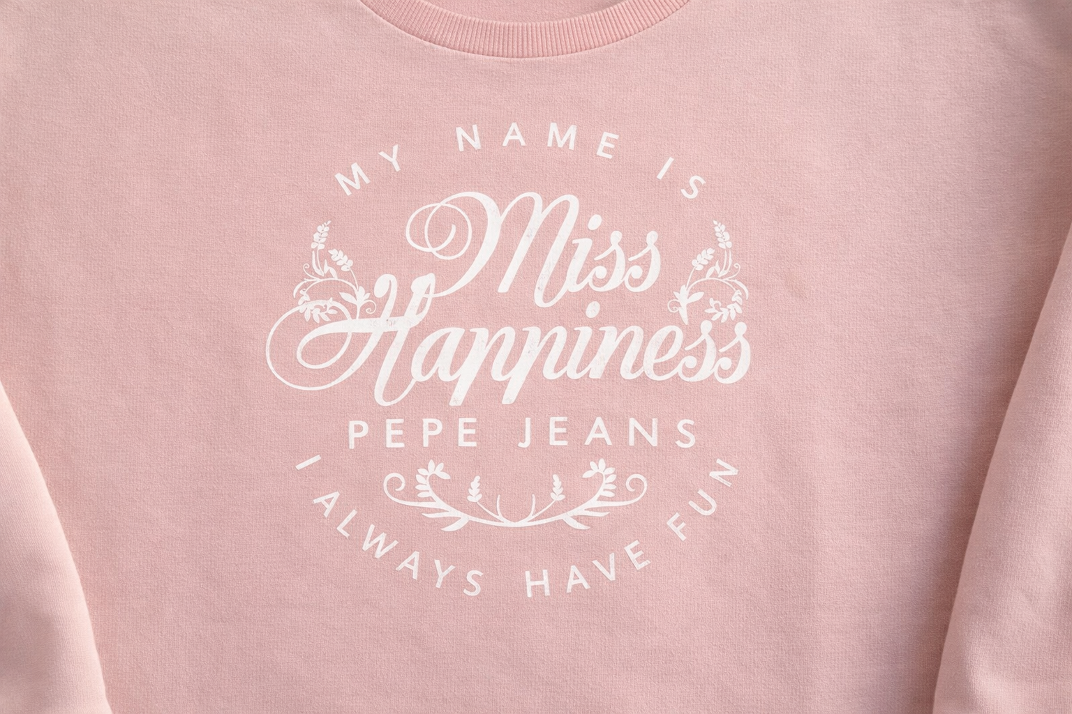 Detail Miss Happiness Print auf rosa Pepe Jeans Sweatshirt – hochwertiger Aufdruck