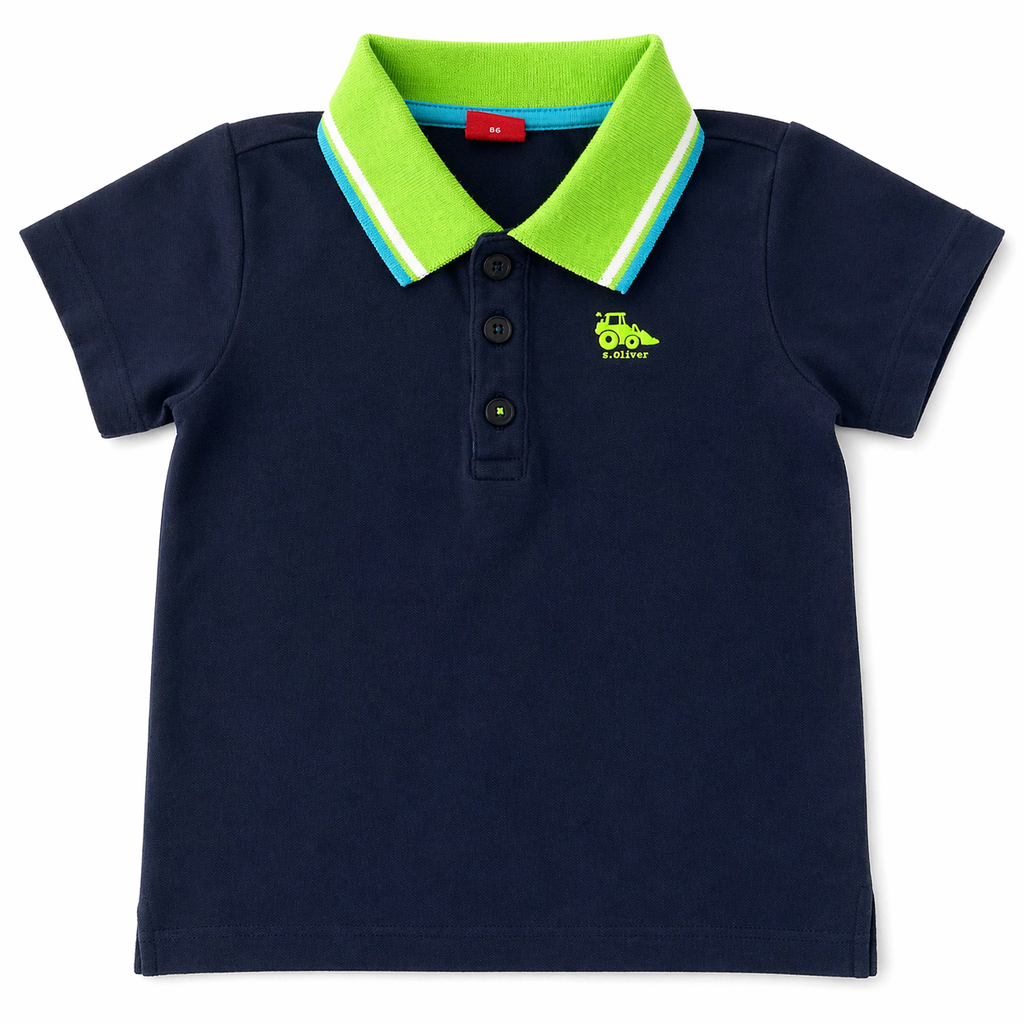 s.Oliver Polo Shirt Junge Größe 86 dunkelblau mit grünem Kragen Frontansicht